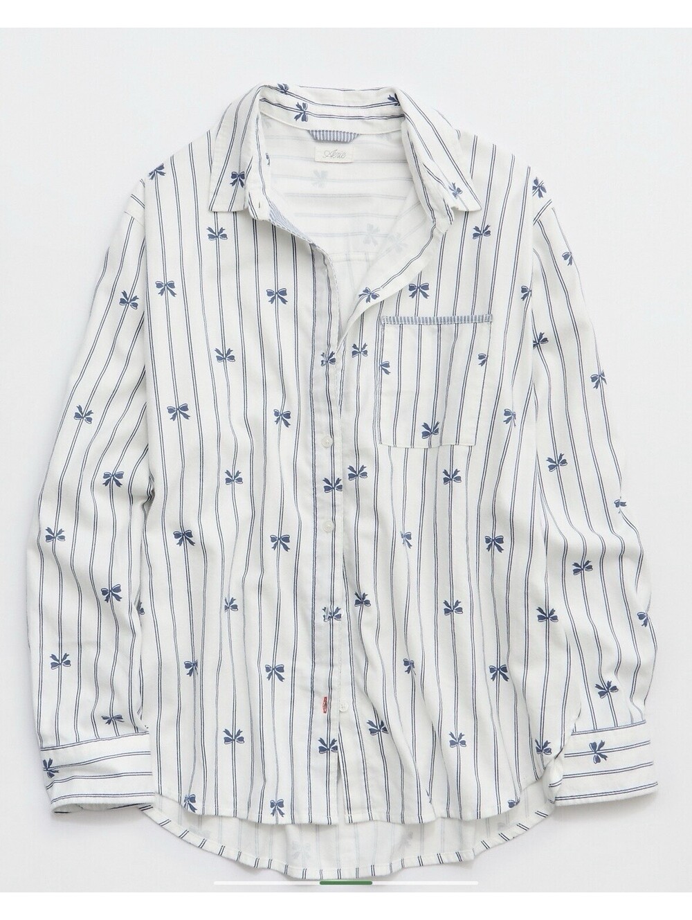 AERIE Women’s Super Soft Striped Bow Flannel Pajama Shirt In White-Size Small
